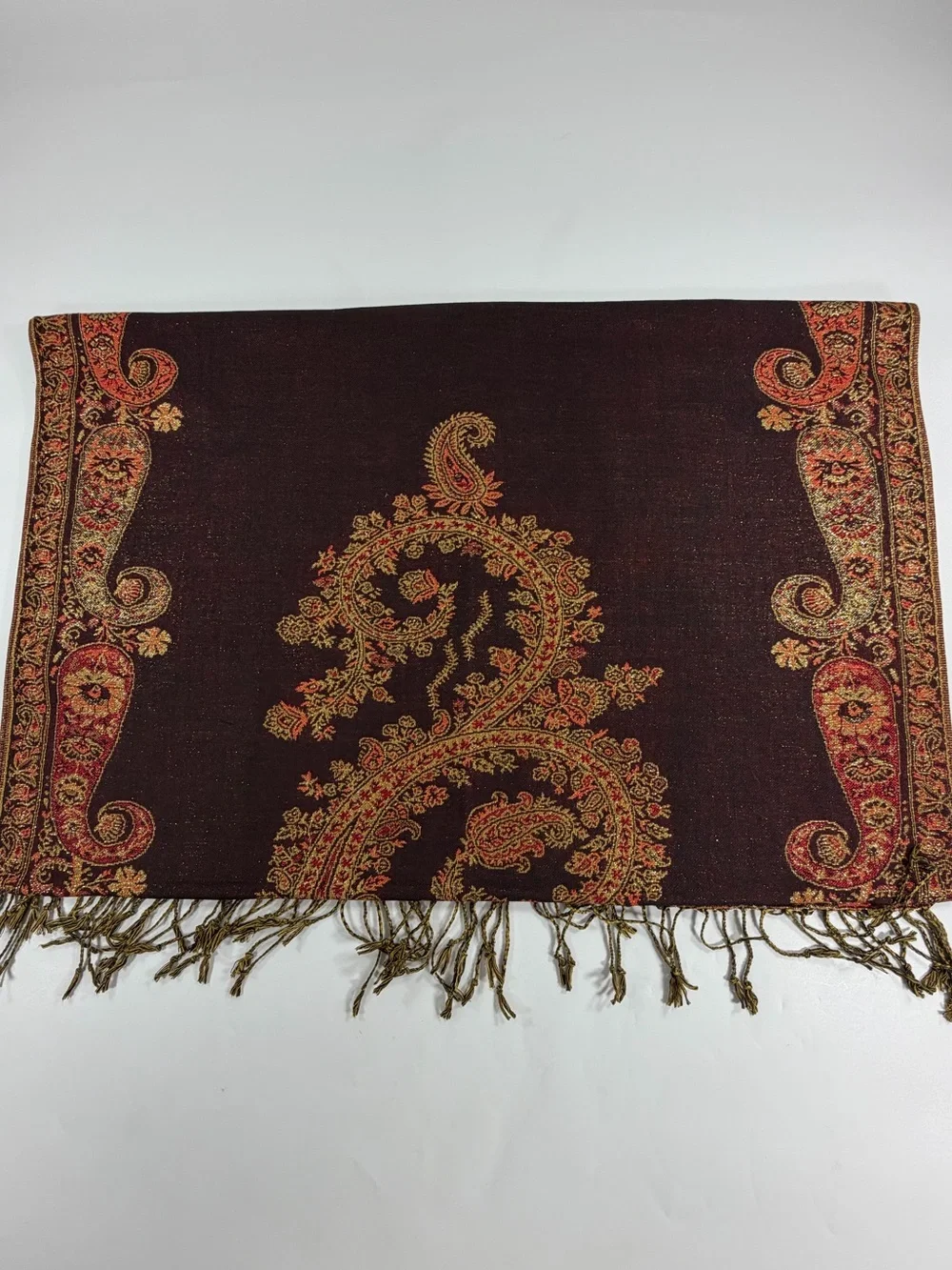 Pashmina 70% Pashmina 30% Silk Paisley Fringe Wrap Shawl Burgundy Gold 68